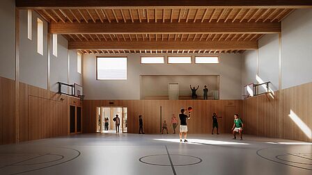 Een lichte gymzaal met tribune en zicht vanaf de gemeenschappelijke hal