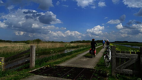3 fietsers op het fietspad richting Hilversum na Dwarsdijk en Nieuweweg in Tienhoven