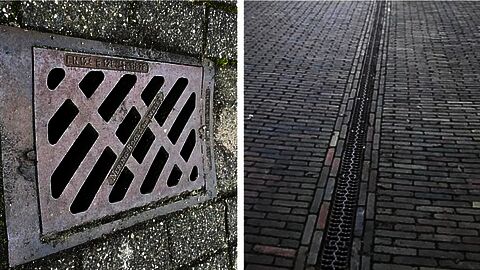 Links een voorbeeld van een kolk en rechts een voorbeeld van een lijngoot