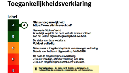 Toegankelijkheidslabel voor de website van de gemeente Stichtse Vecht. De website heeft de status "Voldoet gedeeltelijk" en scoort een A-label (groen).